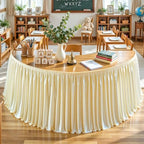 Wish Care 17ft Champagne Satin Long Table Skirt for Rectangle Tables Wrinkle Free Teacher Desk Skirt Glitter Ruffle Table Skirting Cloth for Back to School Classroom Office Birthday Party Table Decor - Image 2
