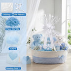 Colingmill Large Woven Gift Basket Empty 17”x13”x7.6” Jumbo Storage Basket with Gift Bag Ribbon and Tulle Gifts Card Paper Filler for Wedding DIY Baby Toy Baskets with Handles(Blue,Stripe) - Image 3