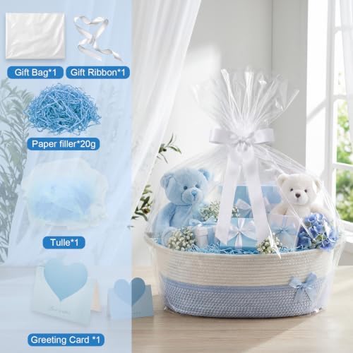 Colingmill Large Woven Gift Basket Empty 17”x13”x7.6” Jumbo Storage Basket with Gift Bag Ribbon and Tulle Gifts Card Paper Filler for Wedding DIY Baby Toy Baskets with Handles(Blue,Stripe) - Image 3