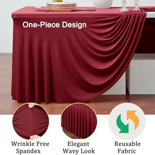 6 Pack Burgundy Spandex Tablecloth for 8 Foot Rectangle Tables, Wrinkle Free Fitted Table Cloth Cover 8FT Maroon Stretchy Tablecloths with Skirt for Parties Weddings Birthday Banquet Baby Shower - Image 3