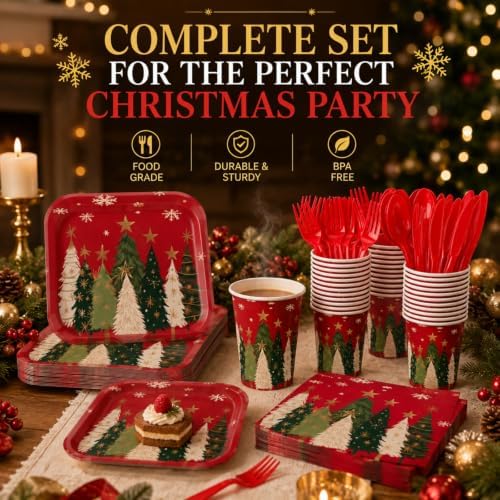 350 Pcs Star Christmas Tree Red, Green Paper Plates and Napkins Set - Image 3