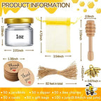50 Pcs 1oz Small Glass Jars with Lids Mini Honey Jars with Wood Dipper, Bee Charms, Golden Gift Bags, Jutes, and Tags with Golden Lids for Baby Shower, Wedding, and Party Favors - Image 2