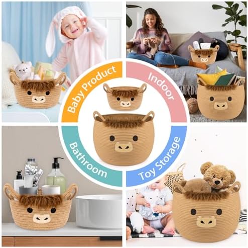 Highland Cute Cow Basket Set for Nursery, Woven Storage Cotton Rope Basket, Baby Blanket 0rganizer with Ears Handles, Blanket Towel Decor Toy Clothes Gifts Storage Cat Dog Bin, Pack of 2 - Image 6