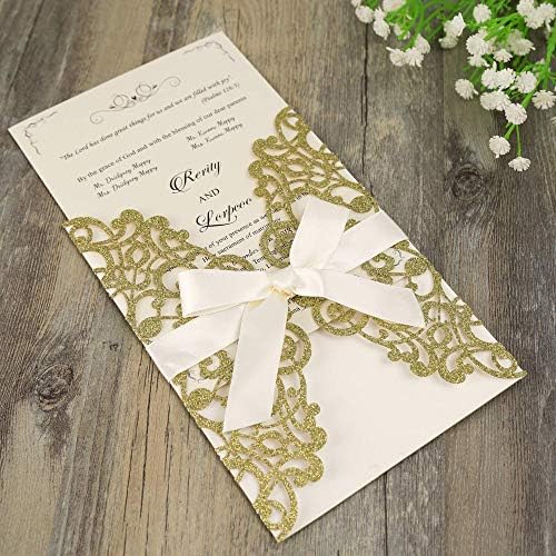Hosmsua 50PCS Personalized Gold Glitter Laser Cut Flora Lace Wedding Invitations with Bowknot & Envelopes 5.12 x 7.3'' Bridal Shower Engagement Birthday Quincenera Invitation (Gold Glitter) - Image 5