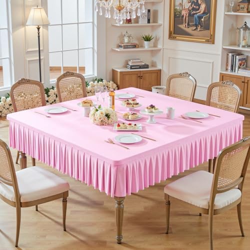 Wish Care Pink Spandex Tablecloths for 54x54 Inch Square Tables, Stretch Fitted Table Clothes with Pleated Ruffle Skirt for 54” Table, Wrinkle Free and Elastic, for Party Kitchen Home Dining by WishCare