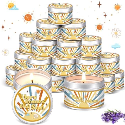 MTLEE Baby Shower Party Favors Candles Lavender Scented Baby Shower Favors for Guests Rustic Tealights Candles Gender Reveal Return Gifts(Yellow,Here Comes the Son,1.2 oz,24 Pcs) by CelebrateEveryMoment