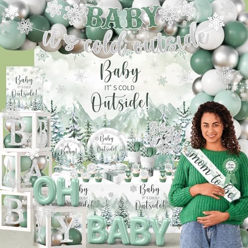 Winter Baby Shower Decorations, Green Baby It's Cold Outside Decor with Plates Napkins Tablecloth Balloon Cake Topper, Winter Wonderland Baby Shower Decorations Boy Girl for Holiday Christmas - Image 2