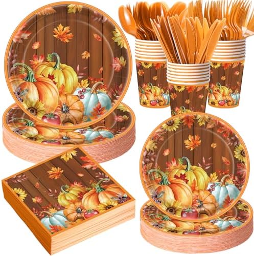 Pickmesh 400 Pcs Party Supplies Disposable Paper Plates Napkins and Cups Decorations for Men Women(Autumn Pumpkin,Orange) by Pickmesh