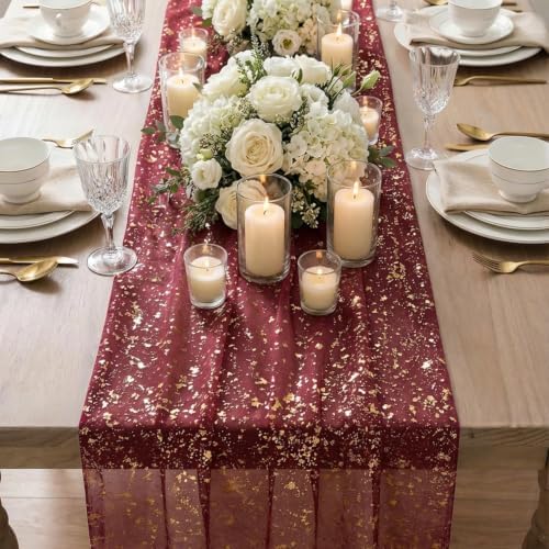 Artoid Mode 6PC Burgundy Gold Gauze Table Runner 120 Inch 10FT, Glitter Metallic Foil Sheer Dining Wedding Anniversary Holiday Birthday Table Decor for Home Party - Image 4