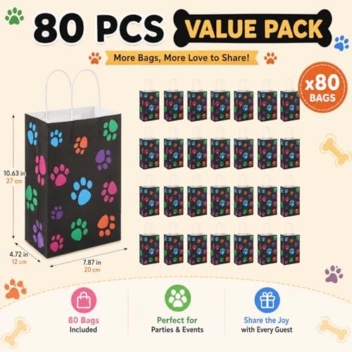 Tenceur 80 Pcs Dog Gift Bags Goodie Paw Puppy Paper Treat Bags Bulk with Handles 10.63 x 4.72 x 7.87 Inch Dog Themed Party Favors Shopping Holiday Kraft(Black Colorful) - Image 4