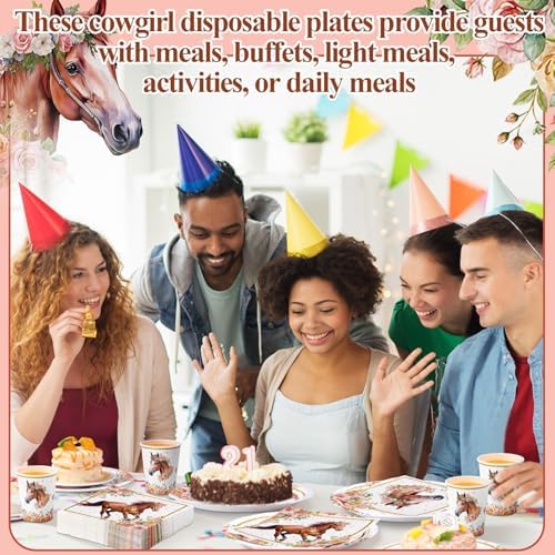 Pickmesh 250 Pcs Horse Birthday Party Decorations Pink Floral Cowgirl Disposable Tableware Set Cowboy Paper Plates Napkins Cups for Western Wedding Bachelorette Fairy Baby Bridal Shower Party Serve 50 - Image 4