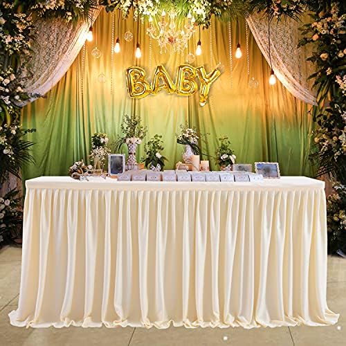 Ivory Table Skirt - 12ft Rectangle Table Polyester Pleated Ruffle Tablecloth for Wedding, Birthday, Baby Shower, Bridal Shower & Banquet Decoration by LittleFunny