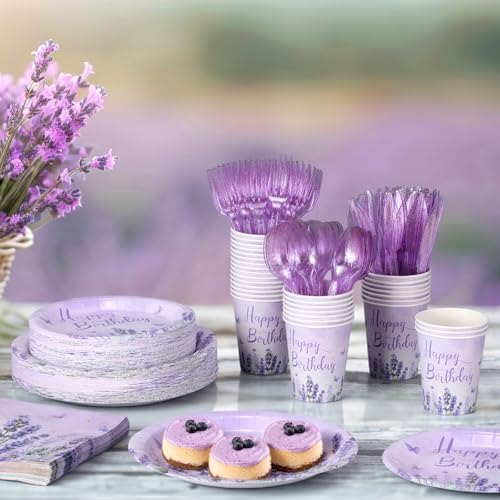 400 Pcs Purple Lavender Birthday Decorations for 50 Guests, Lavender Floral Butterfly Paper Plates Napkins and Cups Set with Cutlery, Lilac Tableware for Spring Birthday Party Supplies - Image 4