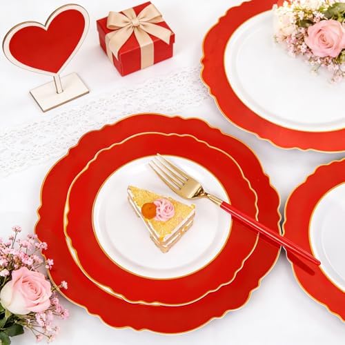 WDF 60pcs Red Plastic Plates Disposable - 7.5inch Heavy Duty Red Dessert/Salad/Cake Plates for Wedding Party Birthday/Summer Party - Image 5