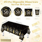 Funnymoom 452 Pcs 50th Birthday Decorations for Men, Black and Gold 50th Birthday Paper Plates Cups Napkins Tablecloth Cutlery Straws for Men Women 50 Year Old Party Supplies for 50 Guests - Image 3