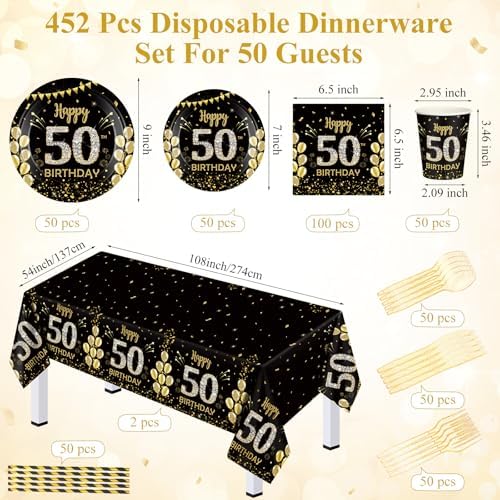 Funnymoom 452 Pcs 50th Birthday Decorations for Men, Black and Gold 50th Birthday Paper Plates Cups Napkins Tablecloth Cutlery Straws for Men Women 50 Year Old Party Supplies for 50 Guests - Image 3