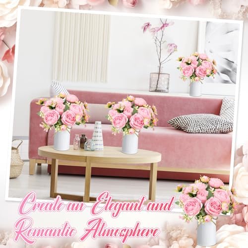 3 Sets Artificial Peonies Flower Peony Bouquet with Galvanized Metal Pot Silk Fake Peonies Faux Flower Arrangements for Wedding Table Centerpiece Party Home Room (Pink) - Image 6