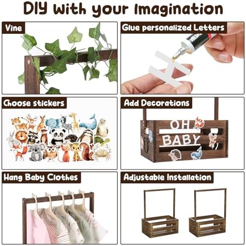 Baby Shower Gifts Basket Wooden Crate, Personalized Wooden Letters and Clothes Hangers New Born Baby Girl Boy Gifts Vine Decorations Cute Closet with Handle Pregnancy Gifts for New Mom Parents Brown - Image 5