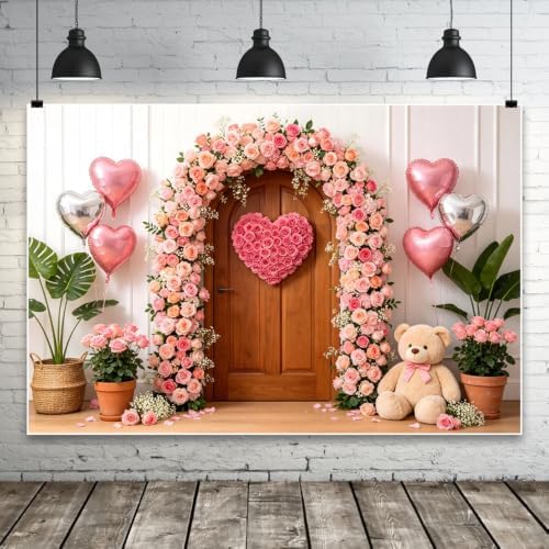 10x7ft Valentines Day Photography Backdrop Pink Floral Arch Door Heart Balloon Bear Background for Wedding Bridal Shower Valentines Day Birthday Party Baby Shower Portrait Photoshoot Decor by ASDCXZ