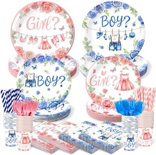 Mimorou 300 Pcs Gender Reveal Party Supplies She or He Tableware Set by Mimorou