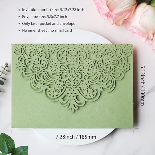 Hosmsua 50PCS Sage Green Wedding Invitation Pocket with Envelopes, 5.12 x 7.2 Trifold Laser Cut Lace Flora Invitations for Quinceanera Sweet 16 Quince Invitation (No Inner Sheet) - Image 2