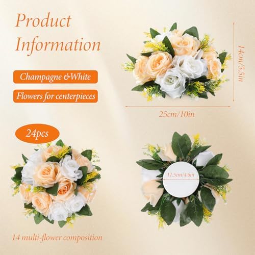Hotop 24 Pcs Silk Rose Flower Balls,Champagne, White - Image 3