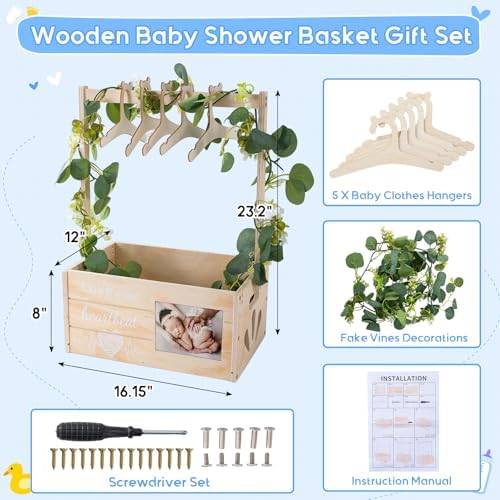 Wooden Baby Shower Crate Closet, Personalized Baby Shower Basket with Wreath & Hanger, Love at First Sight Sonogram Picture Frame, Easy Assembly Baby Clothes Storage Box for Pregnancy Gift - Image 5