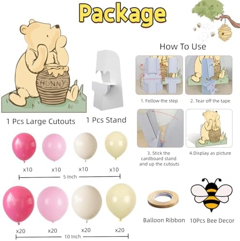131PCS Pink Winnie Baby Shower Birthday Decorations for Girl Large Winnie Cutouts Stand Up, Pooh Balloons Arch & Bee Stickers for Gender Reveal, First Birthday, Photo Props & Newborn Party - Image 2