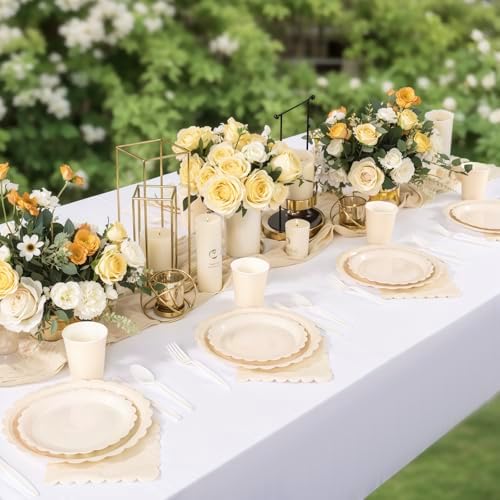LIYH 350 Pcs Ivory Paper Plates and Napkins 50 Guest Cream Party Supplies Include Ivory Scalloped Disposable Paper Plates Cocktail Napkins Cups Spoons Forks Knives for Baby Shower,Birthday - Image 3