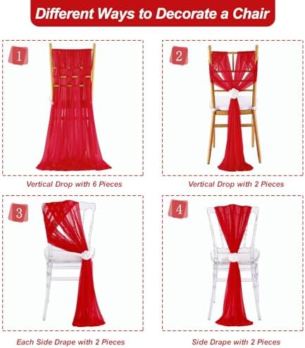 Red Chair Sashes for Wedding: 32 Pieces 8ft Long Sheer Draping Fabric – Reception Party Hotel Event Chair Decorations - Image 3