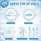 Pickmesh 400 Pcs Blue Winter Onederland Birthday Plates Cups and Napkins - Image 2