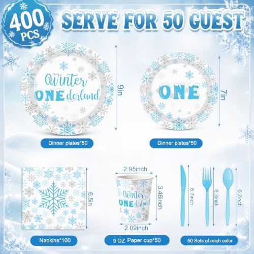 Pickmesh 400 Pcs Blue Winter Onederland Birthday Plates Cups and Napkins - Image 2