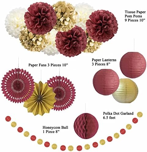 ANSOMO Burgundy and Gold Party Decorations Maroon Wine Dark Red Paper Fans Lanterns Tissue Pom Poms Wall Hanging Decor Supplies Bridal Baby Shower Birthday Wedding Graduation (Pack of 3) - Image 3