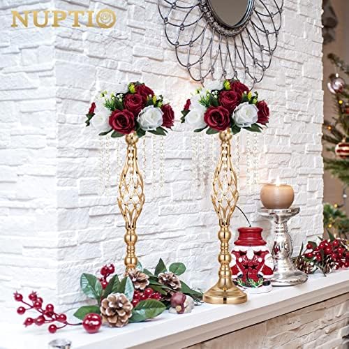 NUPTIO Flower Centerpieces for Tables, Fake Rose Balls, Burgundy & White - Image 2