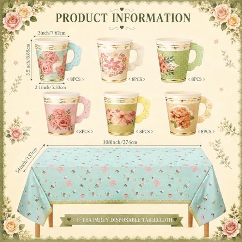 Yungyan 193 Pcs 48 Set Floral Tea Party Supplies, Tea Party Plates and Napkins Set with Tablecloth, Disposable Handle Teacups and Saucers for Birthday Wedding Bridal Shower Decorations(Classic Style) - Image 3
