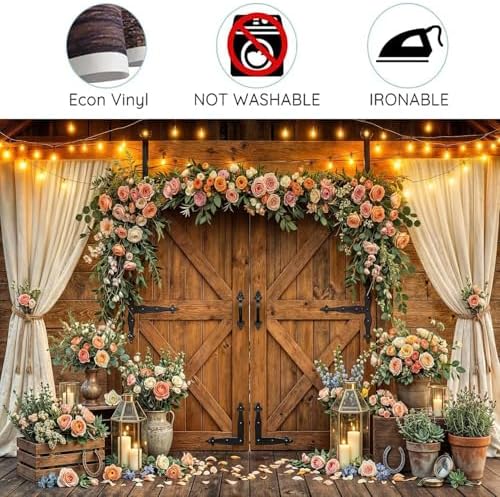 12x10ft Western Wedding Backdrop Rustic Barn Door Photography Backdrop Farmhouse Pink Flower Cabin Wooden Birthday Baby Shower Country Anniversary Bridal Party Banner Photo Booth Props Background - Image 7