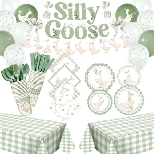 VioraWhite 183 Pcs Silly Goose Birthday Party Set Classical Sage Green by VioraWhite