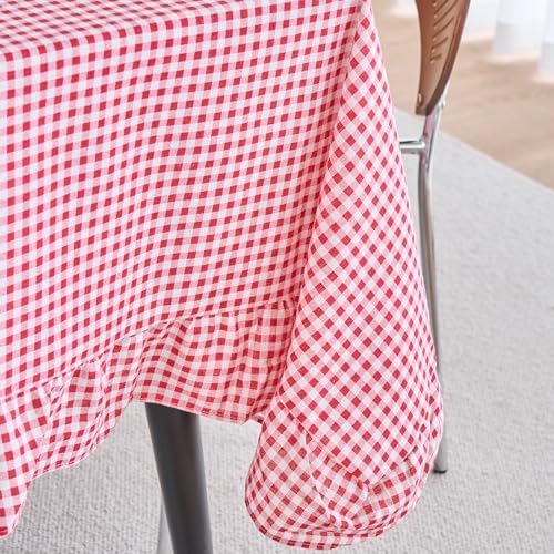 vctops Farmhouse Red Plaid Ruffle Table Cloth, Boho Cotton Linen Tablecloth, Washable Table Cover for Rectangle Table Baby Shower Kitchen Party Wedding Decor (Red A,70"x90") - Image 5