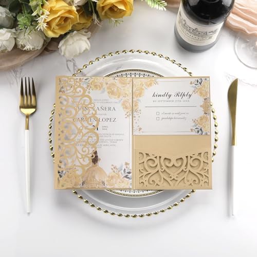 Gold Wedding Invitation Blank Bridal Shower Invitations with Rsvp Cards - Image 3