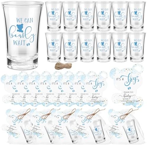 Pickmesh 50 Sets Baby Shower Shot Glasses for Guests Include We Can Bearly Wait Acrylic Shot Glasses It's a Boy Bear Cards Bags for Boy Gender Reveal Party Favors Supplies by Pickmesh
