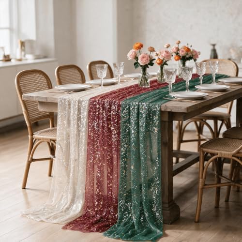 Artoid Mode 6PC Beige Red Green Gauze Table Runner 120 Inch 10FT, Glitter Metallic Foil Sheer for Wedding Anniversary Holiday Birthday Home Party Decor - Image 7