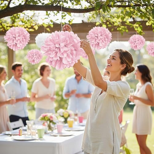 Fun Express - Light Pink Tissue Pom Pom Decor W/gromme - Party Decor - Hanging Decor - Tissue - 6 Pieces - Image 4