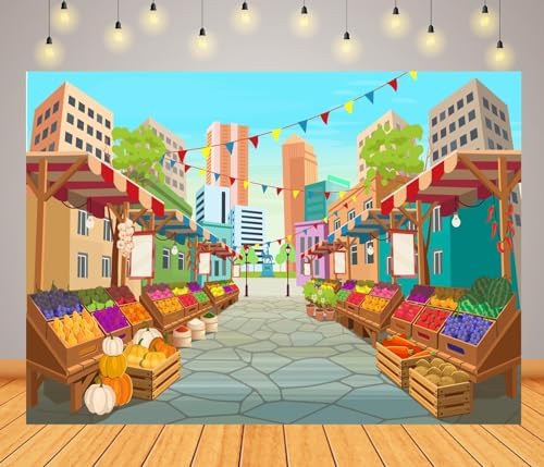 BELECO 12x8ft Fabric Cartoon Farmers Market Backdrop Fresh Farm Vegetables and Fruits, Farmers Market Stall Background for Themed Party Decorations Birthday Baby Shower Photoshoot Studio Props - Image 3
