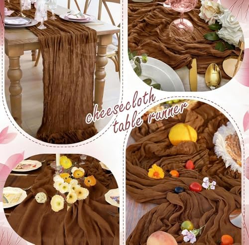 24 Pack Brown Cheesecloth Table Runner 17"x108" Boho Gauze Fabric Table Runner Vintage Rustic Sheer Runners for Wedding Party Bridal Baby Shower Table Decorations - Image 4