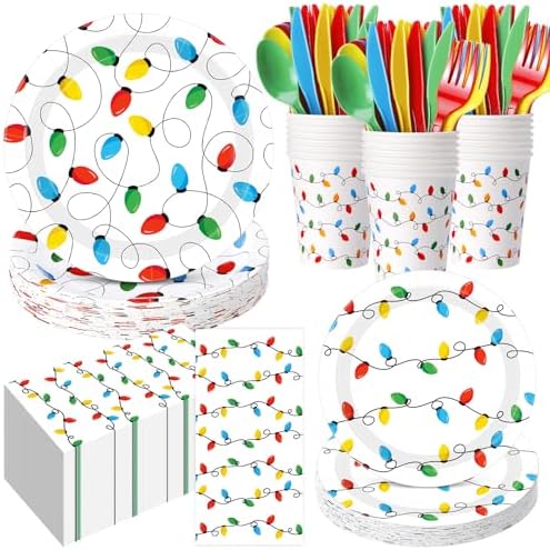 Funnymoom 400 Pcs Christmas Party Supplies, Christmas Lights Paper Plates and Napkins Cups Set with Spoons Forks Knives, Xmas Light Tableware Set for Holiday Xmas Party Decorations by Funnymoom