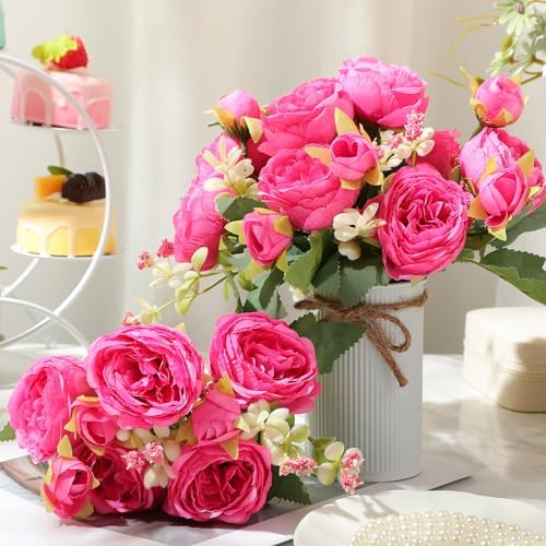 3 Sets Artificial Peonies Flower Peony Bouquet with Galvanized Metal Pot Silk Fake Peonies Faux Flower Arrangements for Wedding Table Centerpiece Party Home Room (Rose Red) - Image 4