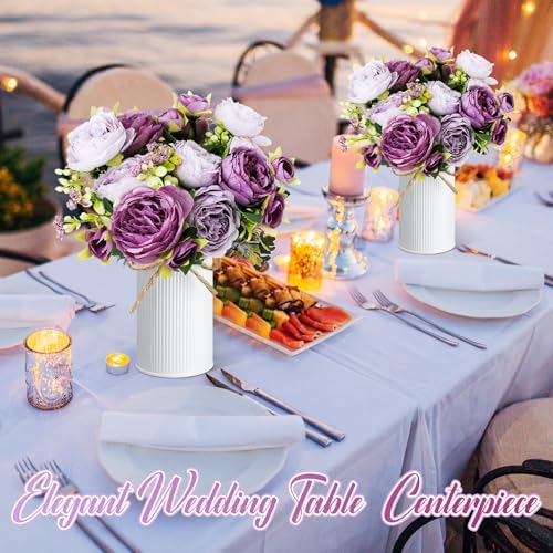 6 Sets Artificial Peonies Flower Peony Bouquet with Galvanized Metal Pot Silk Fake Peonies Faux Flower Arrangements for Wedding Table Centerpiece Party Home Room (Purple) - Image 5