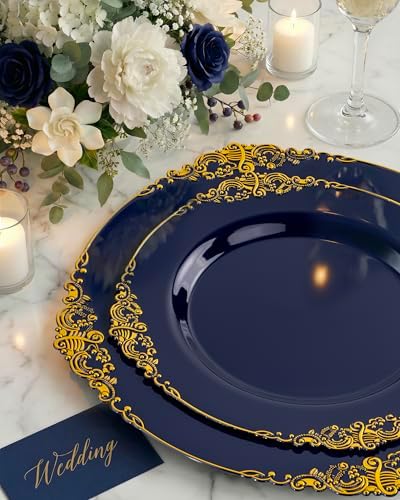 Nervure 350Pcs Blue Plastic Plates, Disposable Dinnerware Set for 50 Guests - Image 4