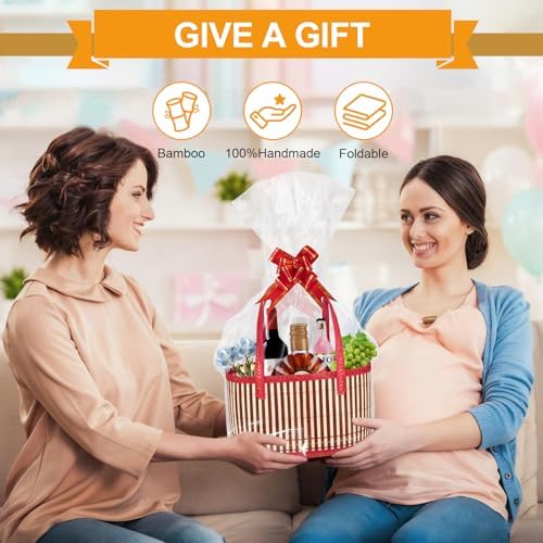‌Large Woven Gift Basket with Handles - Empty Bamboo Basket for Gifts (Adults/Wine/Christmas) (RED, 6PC SMALL) - Image 5