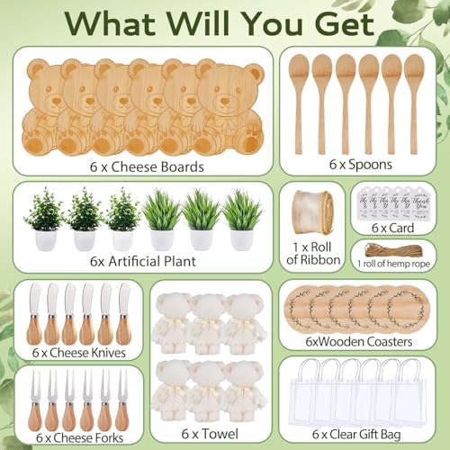 56Pcs Baby Shower Prizes for Game Winners Bamboo Cheese Board Fork Butter Spreaders Coasters Towel Artificial Potted Plant Gift Bag for Baby Shower Bridal Shower Favors (6 Sets, Bamboo Bear Shaped) - Image 3